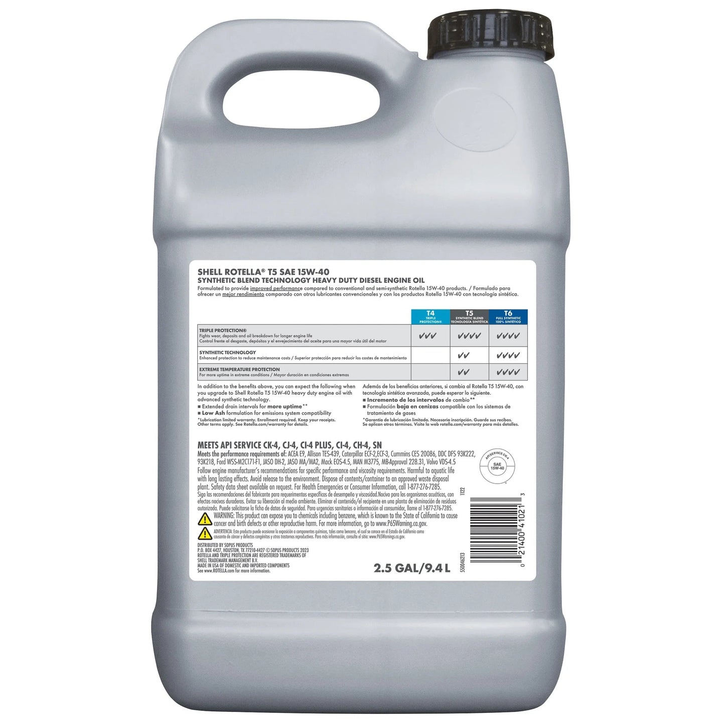 Shell T5 Synthetic Blend 15W-40 Diesel Engine Oil, 2.5 Gallon