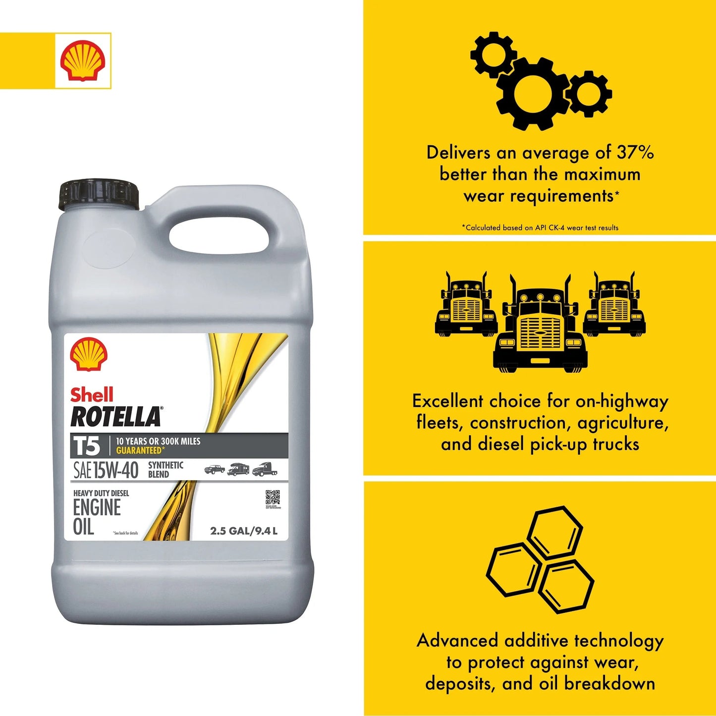 Shell T5 Synthetic Blend 15W-40 Diesel Engine Oil, 2.5 Gallon