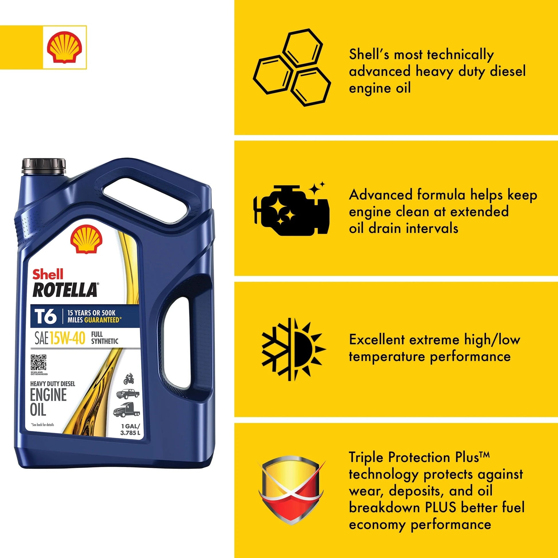 (3 Pack) Shell  T6 Full Synthetic 15W-40 Motor Oil, 1 Gallon (3 Pack)