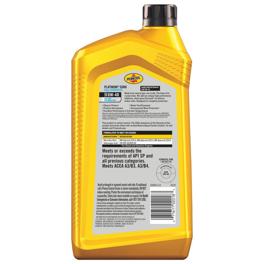 Platinum Euro Full Synthetic 0W-40 Motor Oil, 1 Quart