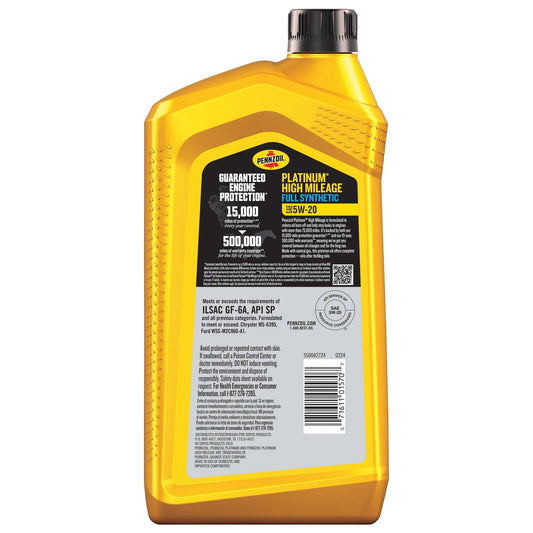 Platinum High Mileage Full Synthetic 5W-20 Motor Oil, 1 Quart